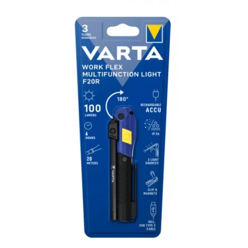 Lampada da lavoro portatile Varta Work Flex nero LED, 100 lm, batteria integrata, 6 h, alluminio/nylon/PC/gomma, 120 mm