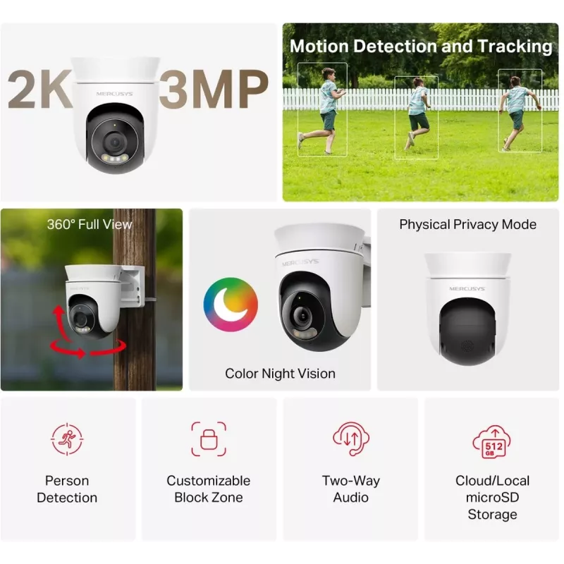 Telecamera di sicurezza IP MERCUSYS MC510 a cupola 2 MP, 2304×1296, 30 fps, WLAN ed Ethernet, visione notturna IR, montaggio a soffitto, bianco