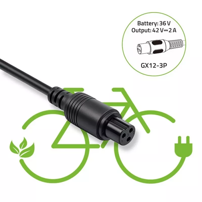 Caricabatterie per e-bike QOLTEC 36V–42V 2A con connettore GX12 3 pin