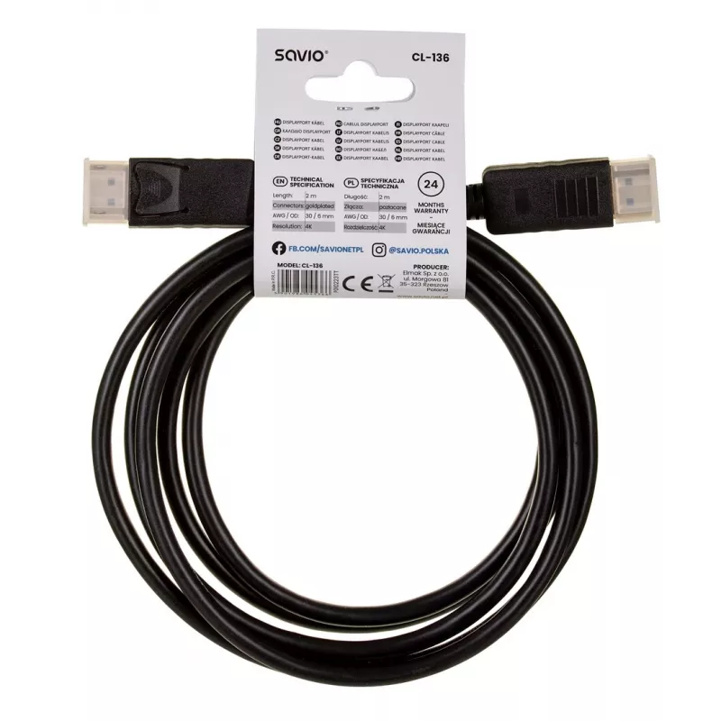 Cavo DisplayPort SAVIO CL-136, DisplayPort maschio-maschio, 2 m, DP 1.2, contatti dorati, nero