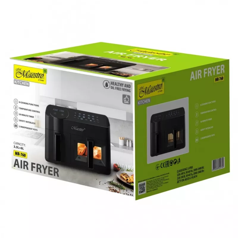 Friggitrice ad aria elettrica Maestro MR-760 – apparecchio da tavolo a doppia struttura, 3,5 L + 6 L, comando touch, 2000–2400 W, nero