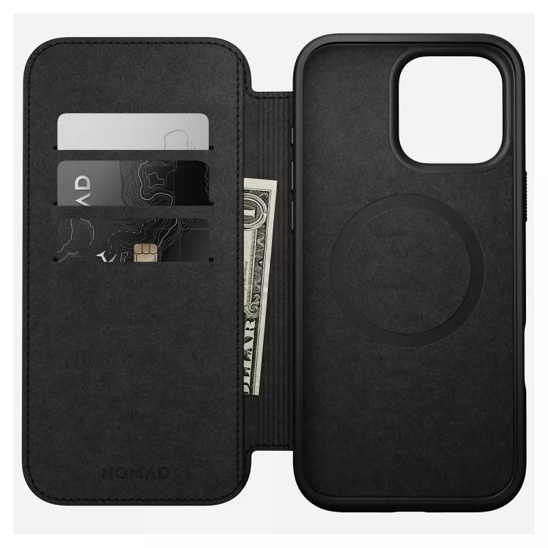 Custodia folio per smartphone Nomad NM01675785 per cellulari Apple, per schermi fino a 17,5 cm (6,9 pollici), nero, 3 scomparti per carte, supporto da tavolo