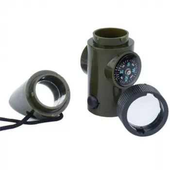 Fischietto multifunzione da sopravvivenza Mil-Tec SP.22073 — 6-in-1 verde oliva, bussola, termometro, specchio, lente, luce, 100×35×30 mm