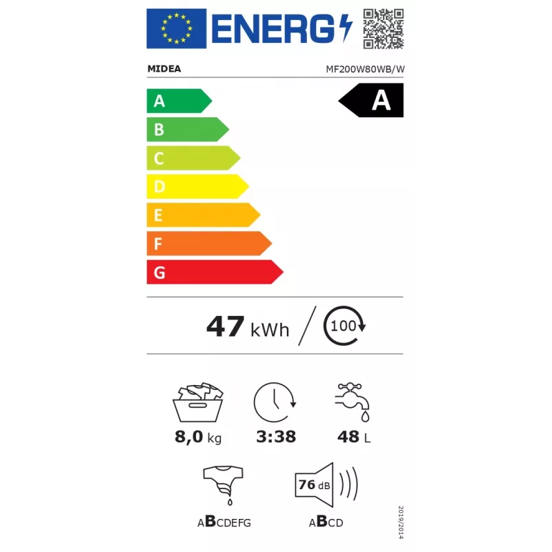 Lavatrice Midea MF200W80WB/W-HR, a carica frontale, 8 kg, 1400 giri/min, LCD, vapore, larghezza 60 cm
