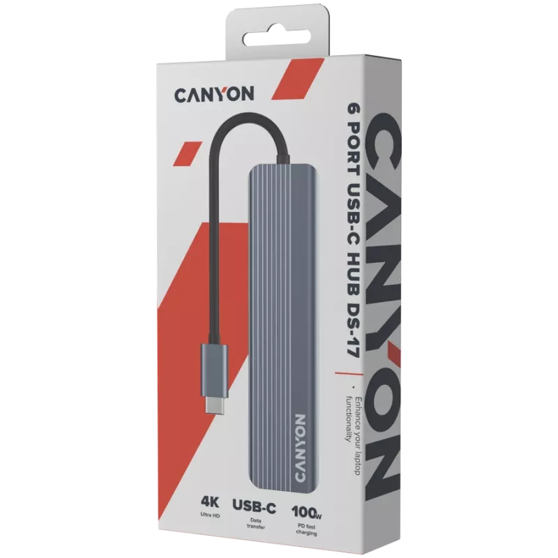 Hub USB Type-C CANYON DS-17 — HDMI, USB 3.2 Gen 1 A, USB-C, MicroSD, 10000 Mbit/s, grigio