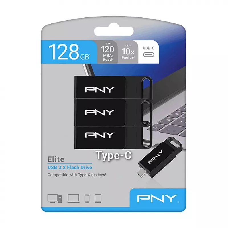 PNY Elite 128 GB USB-C 3.2 Gen 1 chiavetta USB, confezione da 3 (Retail)