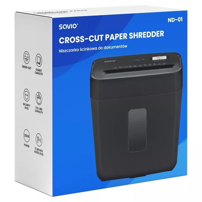Distruggidocumenti SAVIO ND-01, taglio a croce 4 x 32 mm, contenitore 11 L, 230 W, nero, 72 dB