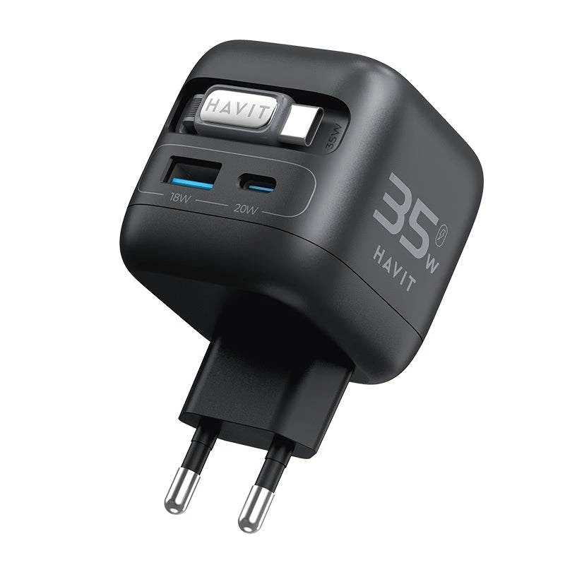 Havit UC250 A-EU caricabatterie da viaggio GaN con cavo estensibile, nero