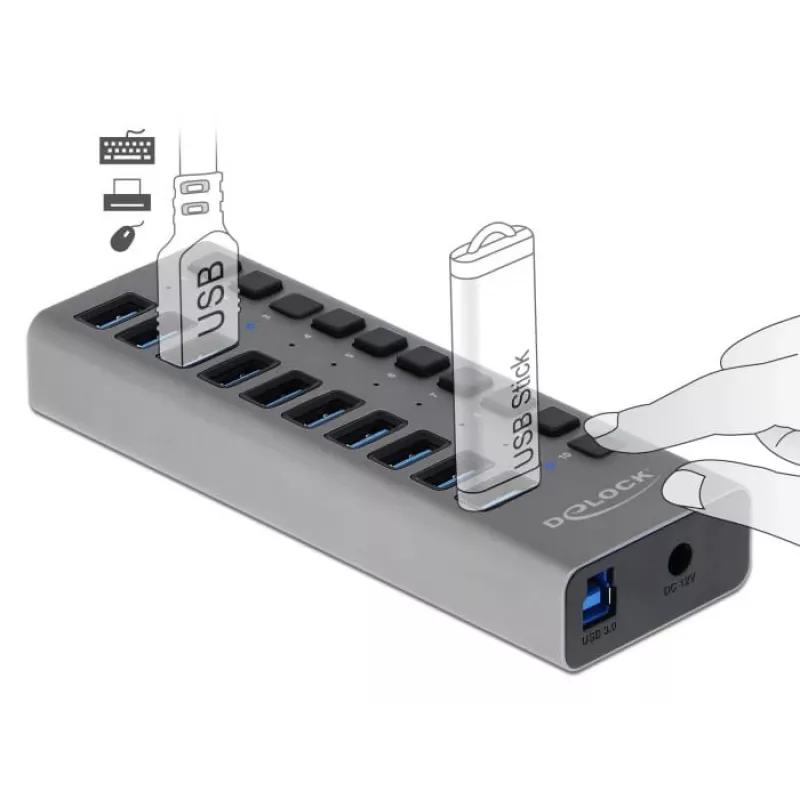 Hub USB esterno 5 Gbps DeLOCK con 10 porte + interruttore