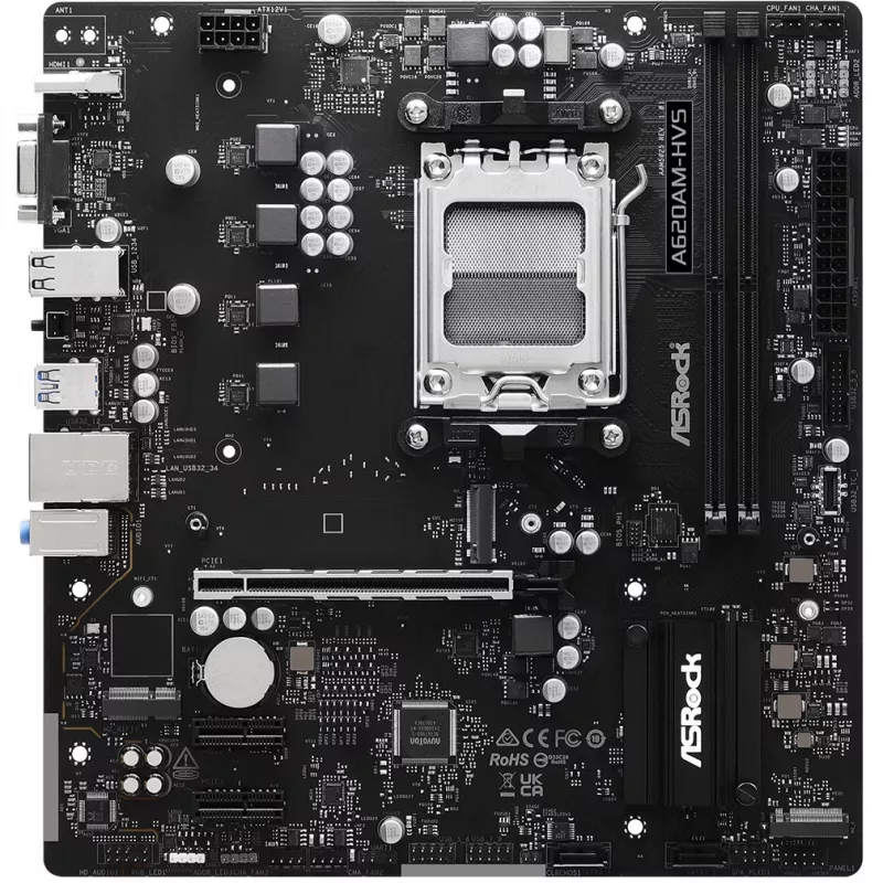 Scheda madre ASRock A620AM-HVS Micro ATX — chipset AMD A620A, socket AM5, DDR5, 2 DIMM, fino a 128 GB, HDMI 2.1, M.2 2280