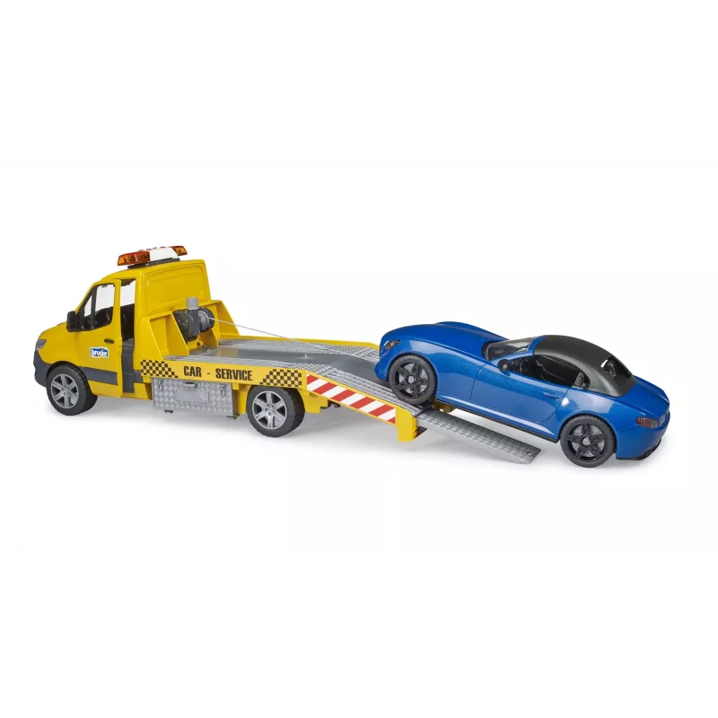 Bruder MB Sprinter trasportatore di auto con modulo luci e suoni, arancione/blu, roadster incluso
