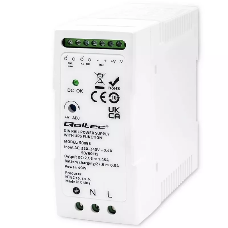 Qoltec 50885 Alimentatore stabile per guida DIN con funzione UPS | 40W
