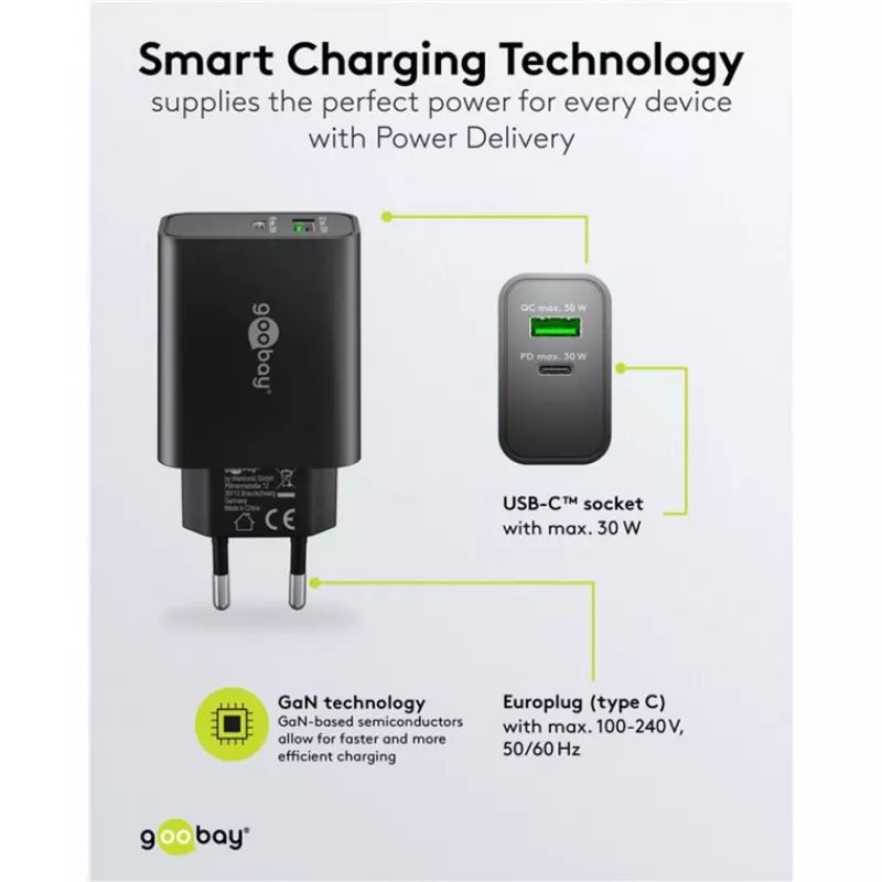 Caricabatterie rapido doppio Goobay USB-C PD GaN 30 W nero (75335)