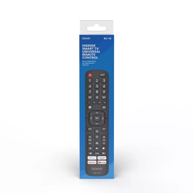 Telecomando universale SAVIO RC-14 per Hisense Smart TV, IR wireless, supporta 14 dispositivi, portata fino a 10 m, nero