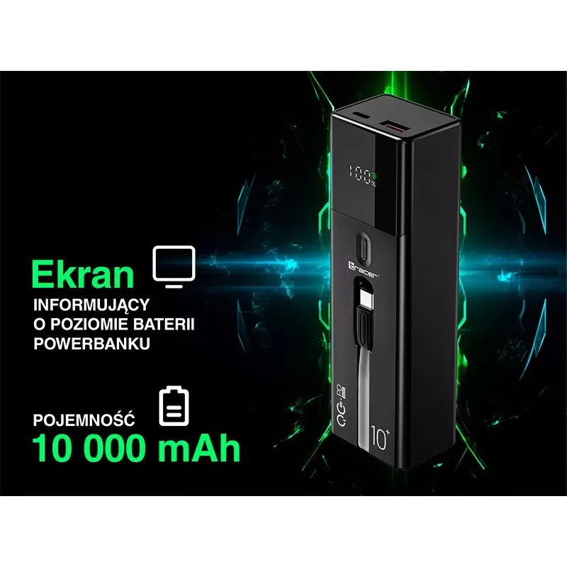 Powerbank portatile TRACER Quant 10000 mAh Li-Ion, PD e QC3.0, 3 porte (2×USB-C, 1×USB-A), 100W, nero