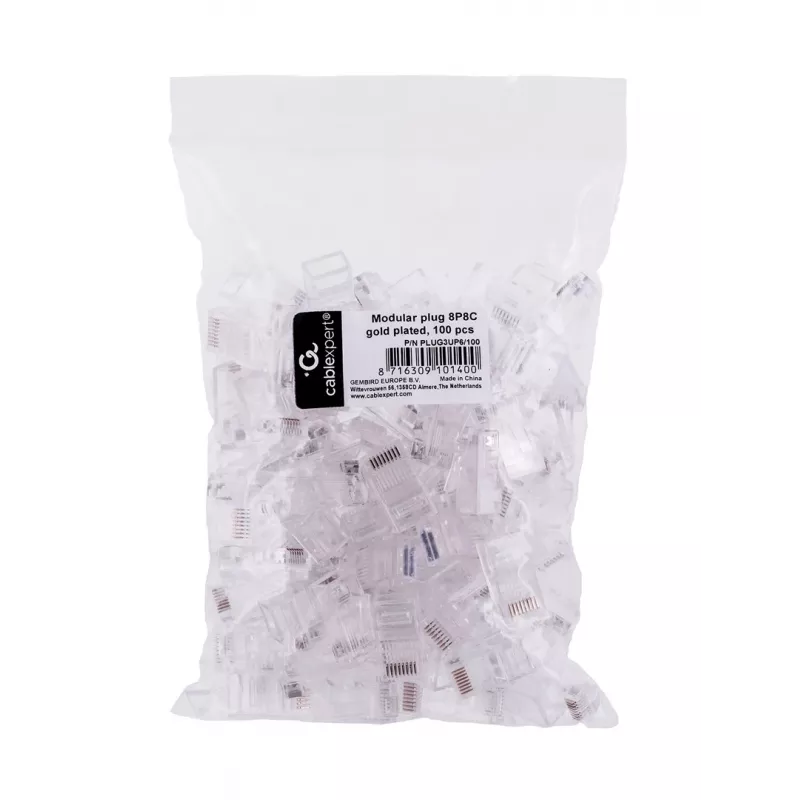 Connettore maschio RJ45 GEMBIRD PLUG3UP6/100, Cat5, connettore dritto, trasparente, contatti dorati, confezione da 100