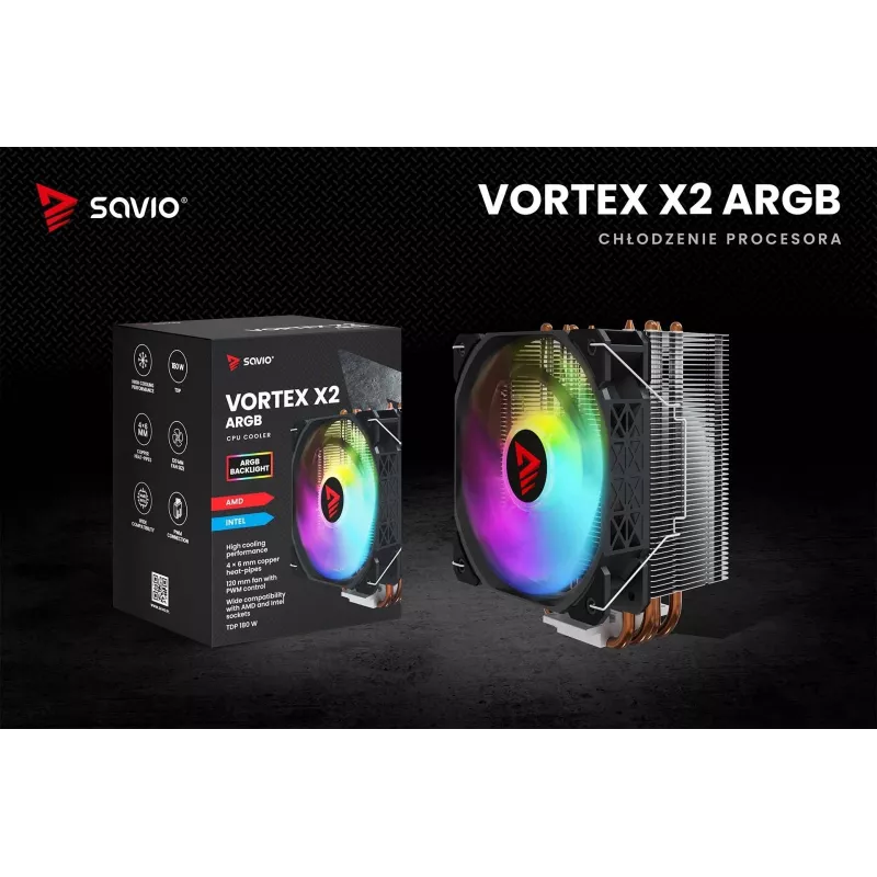 Dissipatore ad aria per CPU SAVIO SAVGCOVORTEXX2ARGB con 4 heatpipe, ventola ARGB 120 mm, nero