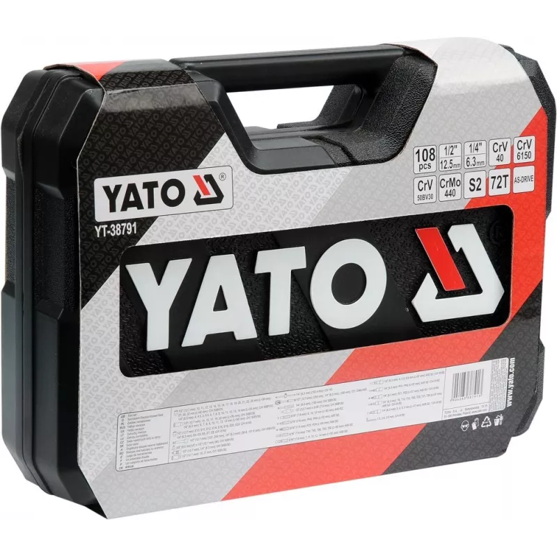 Set di chiavi a bussola YATO YT-38791 — 108 pezzi, attacco 1/2 inch, include cricchetto, valigetta nera