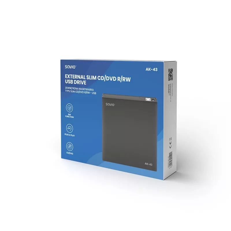 Masterizzatore DVD±RW esterno slim SAVIO AK-43, USB 2.0, nero, supporta lettura/scrittura CD/DVD (24x CD, 8x DVD)