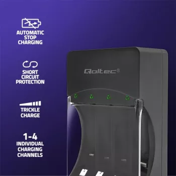 Caricabatterie QOLTEC 50653 per batterie ricaricabili Ni-MH AAA (R03) e AA (R6), ingresso 220–240 V, uscita 1,2 V
