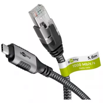 Cavo Ethernet USB-C 3.2 Gen2 connettore maschio > connettore maschio RJ-45 (nero/argento, 5 metri, guaina in tessuto intrecciato)
