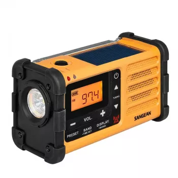 Radio di emergenza portatile Sangean MMR-88 (USB-C) gialla — manovella, solare, batteria, AM/FM, allarme meteo