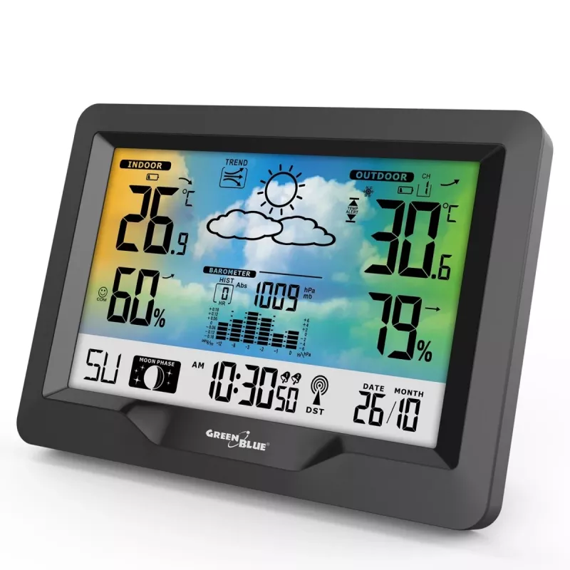 Igrometro termometro GreenBlue GB540 — interno 0–50°C / esterno -20–65°C, orologio DCF, sensore esterno 60 m, nero