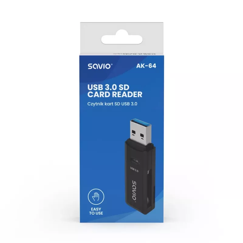Lettore di schede SAVIO AK-64 USB 3.2 Gen 1 uscita Type-A, slot MicroSD, 5000 Mbit/s, nero
