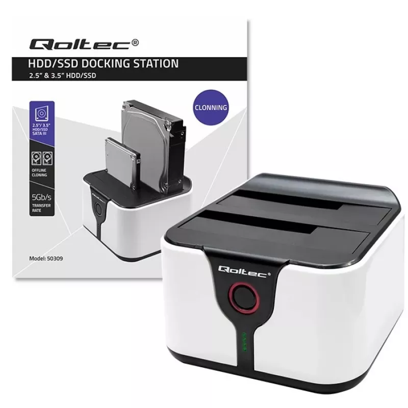 Qoltec 50309 Docking station HDD SSD 2.5 3.5 | SATA III | USB 3.0 | Super Speed 5 Gb/s | con funzione di clonazione