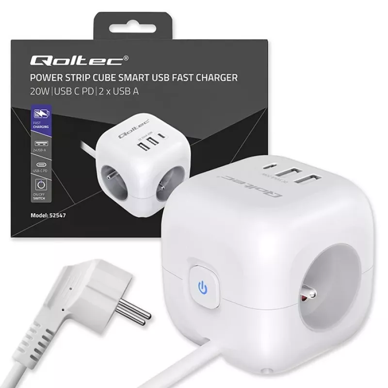 Power Cube QOLTEC 52547 ciabatta 3×prese AC, 2×USB-A, 1×USB-C PD 20W