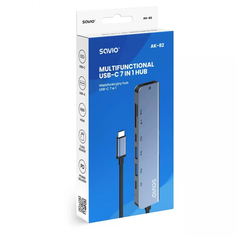 Hub USB Type-C SAVIO AK-82 con HDMI, MicroSD, USB 3.2 Gen1, PD pass-through, 4K@30Hz, 5000 Mbit/s, nero