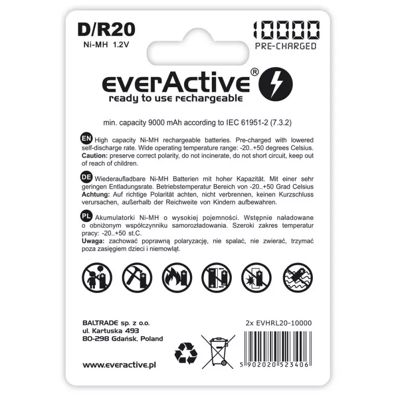Batteria ricaricabile everActive EVHRL20-10000 D NiMH 1,2 V 2 pz.