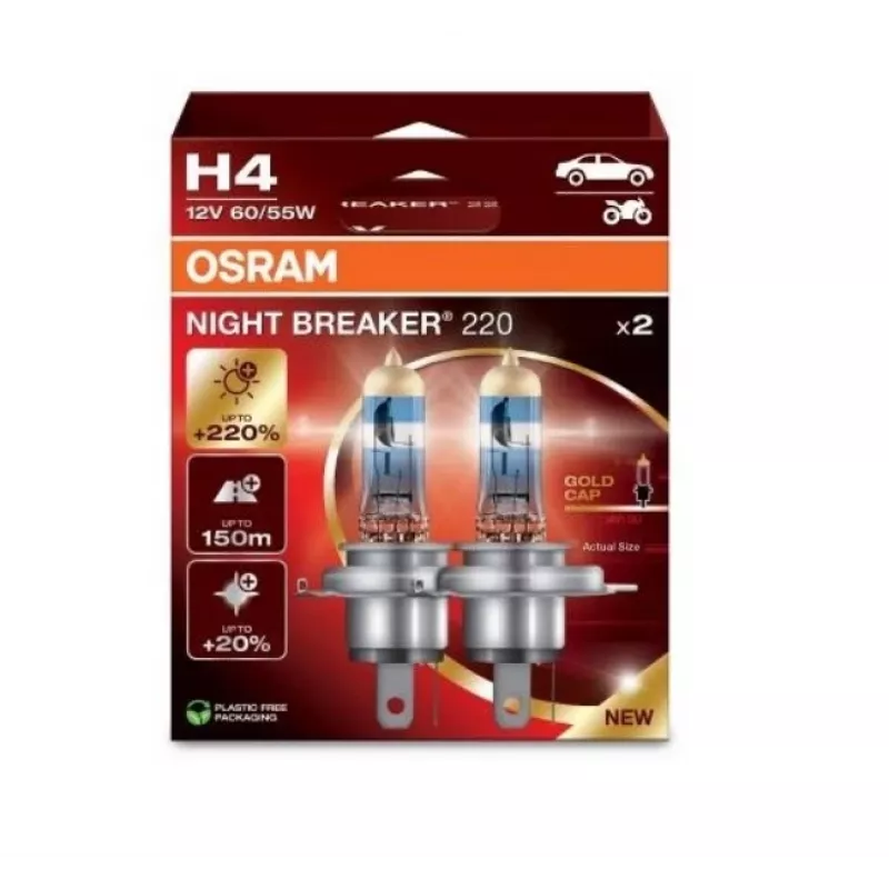Lampada alogena per fari Osram NIGHT BREAKER 220 H4 — confezione doppia, 12V 60/55W