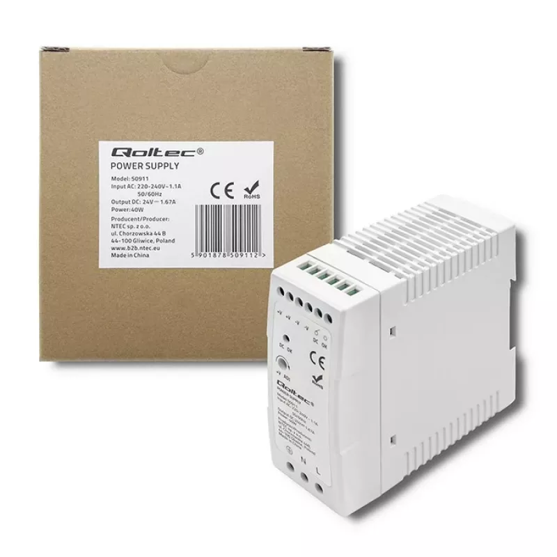 Alimentatore per guida DIN Qoltec | 40W | 24V | 1.67A | bianco | sottile