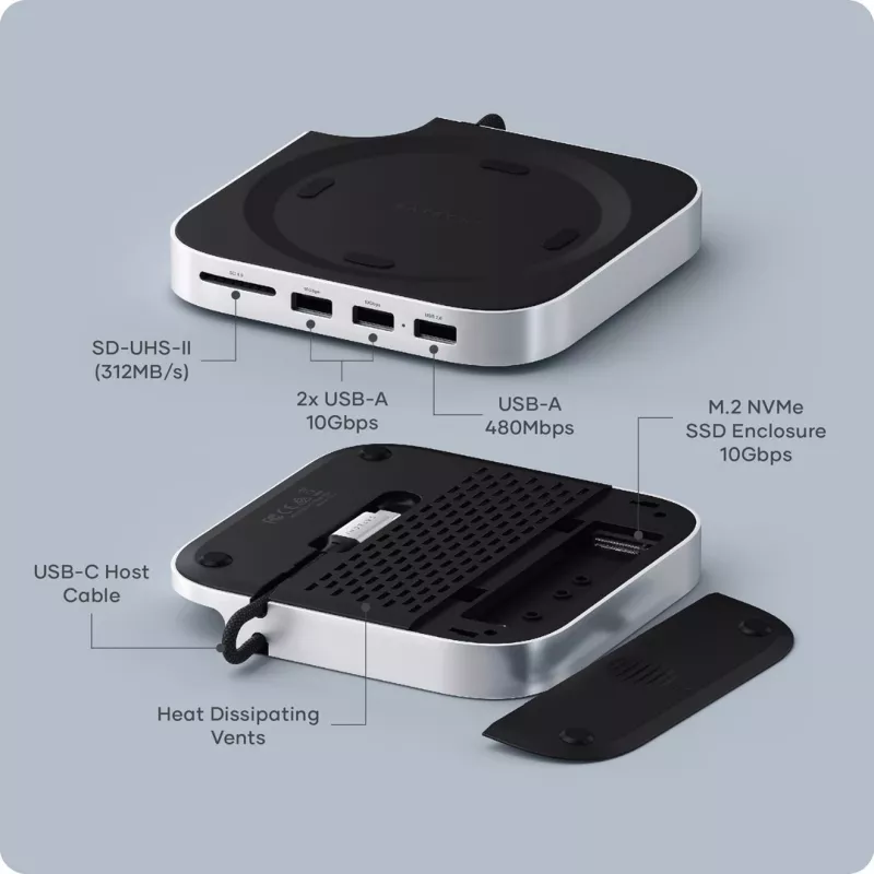 Dock/replicatore di porte per laptop Satechi ST-GNMMES — hub USB 3.2 Gen 2 Type-C con filo, USB-A & SD, argento