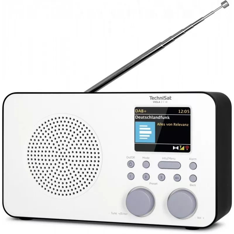 Radio internet TECHNISAT VIOLA 2 C IR — sintonizzatore analogico e digitale, DAB+/FM, Wi‑Fi, 3 W, TFT 2,4 pollici, 3,5 mm, nero/bianco