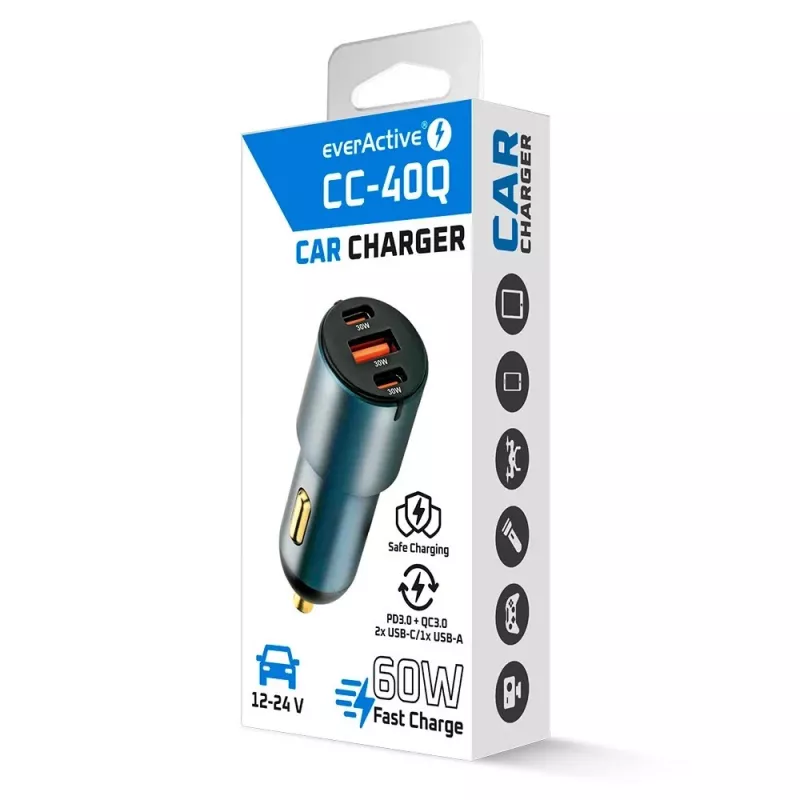 Caricabatterie da auto everActive CC-40Q QC3.0 60W, adattatore auto USB per ricaricare dispositivi mobili