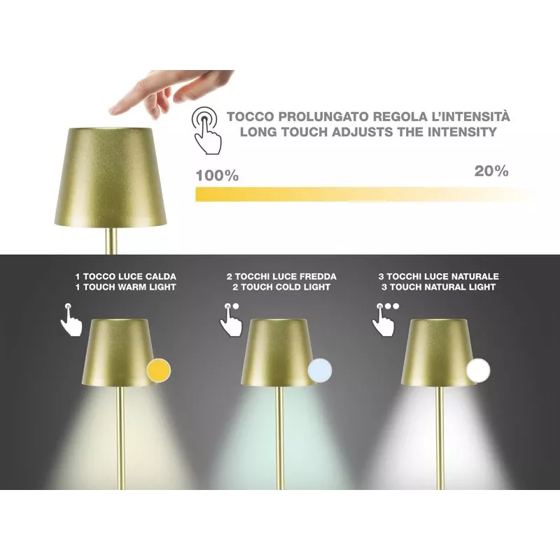 Beper P201UTP116 lampada da tavolo LED ricaricabile, 1,5 W, interruttore touch, dimmerabile, adattatore per bottiglia da 33 mm, resistente all'acqua, oro