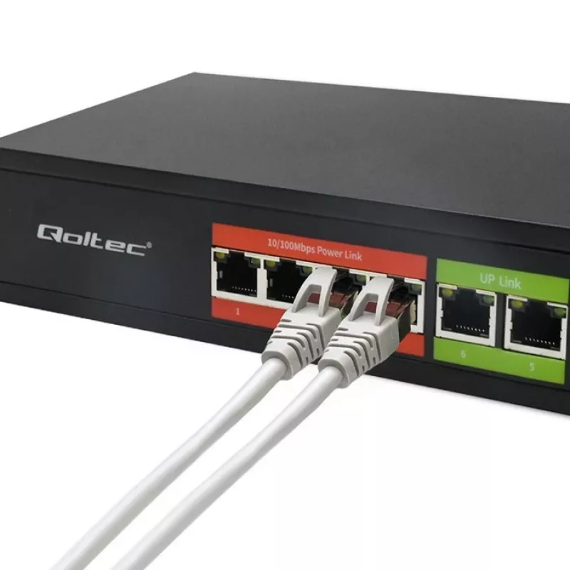Switch Ethernet PoE QOLTEC 52289 — 4x porte RJ45 PoE, 2x RJ45 uplink, budget PoE 65W