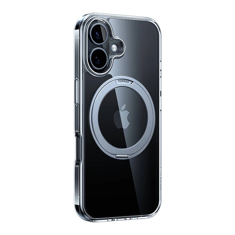 Custodia protettiva per smartphone Torras Ostand Pro per iPhone 16, trasparente, vestibilità sottile, supporta la ricarica wireless