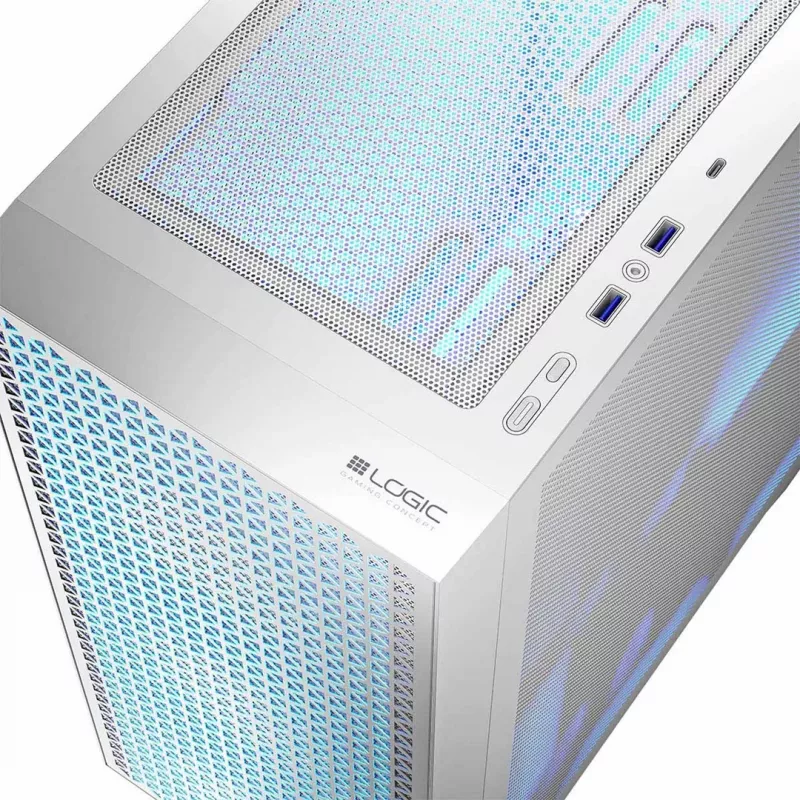 Case PC LOGIC Dart Pro Midi ARGB bianco — Midi Tower, ATX, 456×200×385 mm, GPU max 34 cm, altezza dissipatore CPU 155 mm, 3x120mm anteriore + 1x120mm posteriore, USB 3.0 x2, USB-C x1