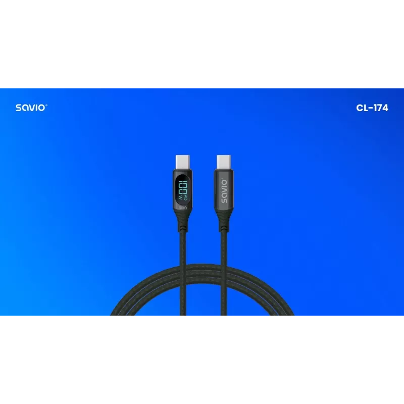 Savio CL-174 cavo USB-C - USB-C, 100 W, Power Delivery/Quick Charge, display digitale, 1 m, verde