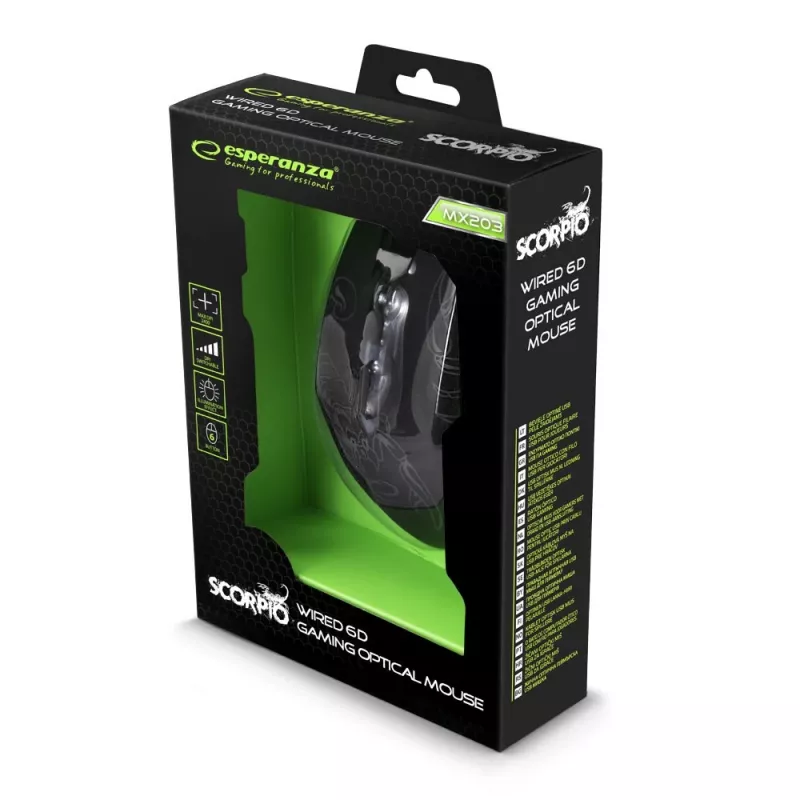 Esperanza MX203 SCORPIO - mouse - USB - blu - mouse - ottico - 6 tasti - nero