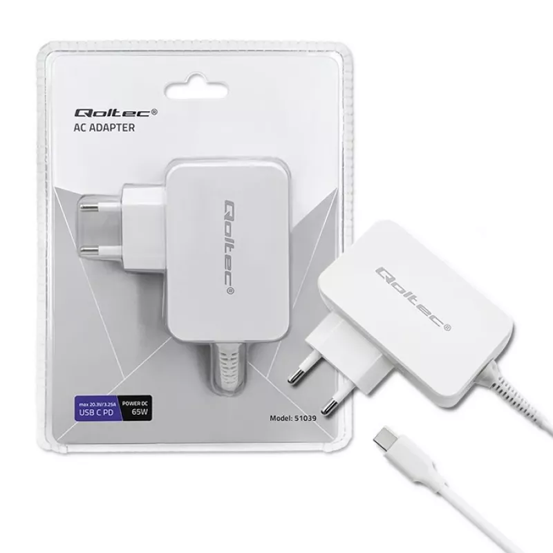 Qoltec 51039 alimentatore 65 W USB-C PD, 5–20,3 V, 2–3,25 A, cavo USB-C integrato, bianco
