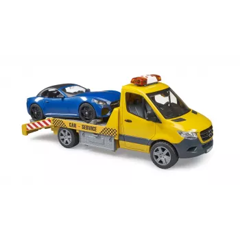 Bruder MB Sprinter trasportatore di auto con modulo luci e suoni, arancione/blu, roadster incluso