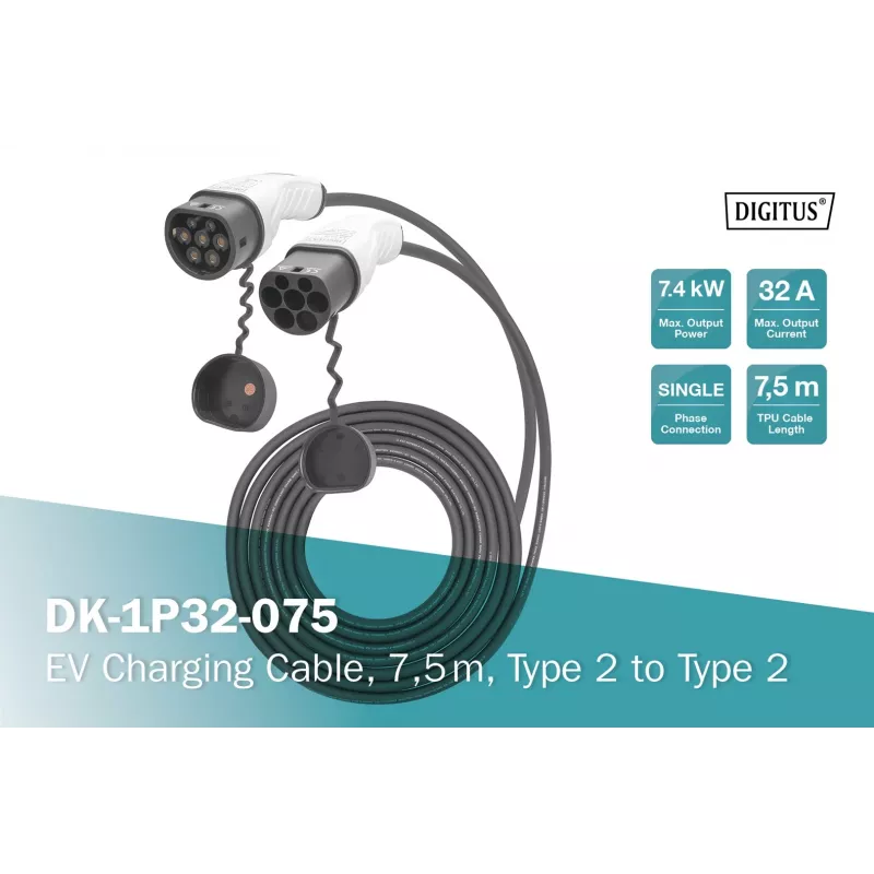 Cavo di ricarica EV Digitus 7,5 m Type 2 su Type 2 32 A 240 V