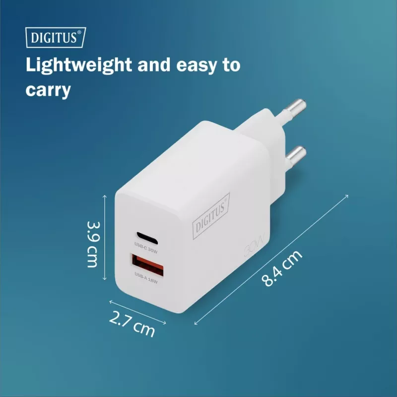 Caricabatterie USB GaN AC da interno DIGITUS DA-10301 — 30W, 1× USB-C, 1× USB-A, 100–240V, bianco