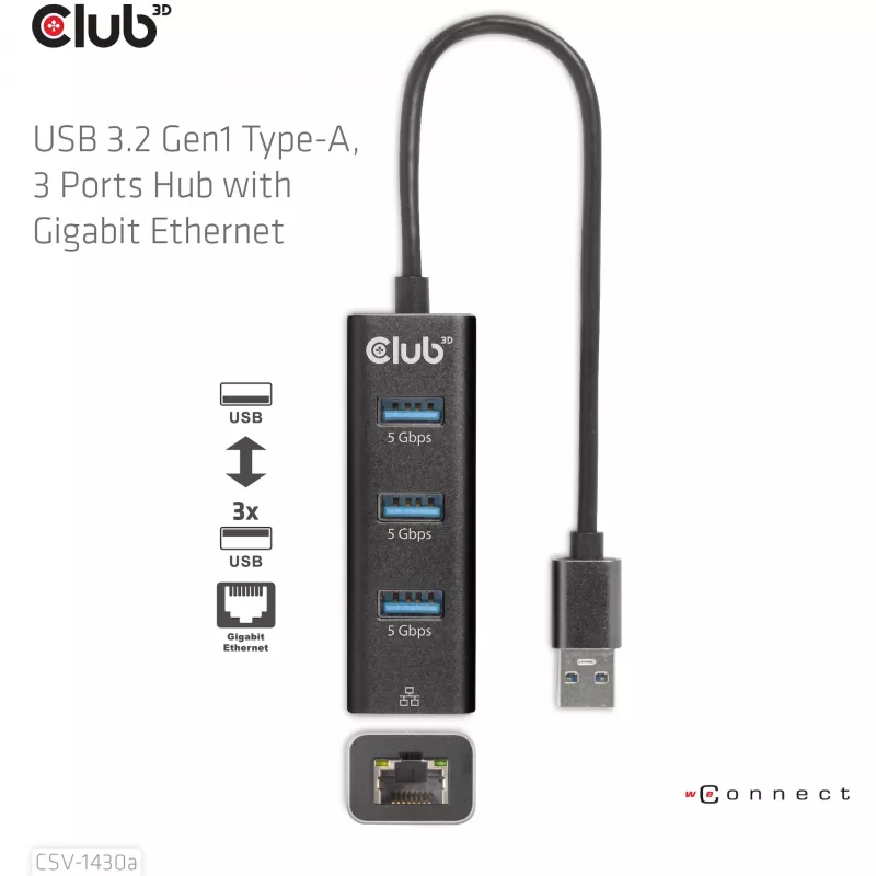 Hub USB CLUB3D USB 3.2 Gen1 Type-A con 3 porte e Gigabit Ethernet