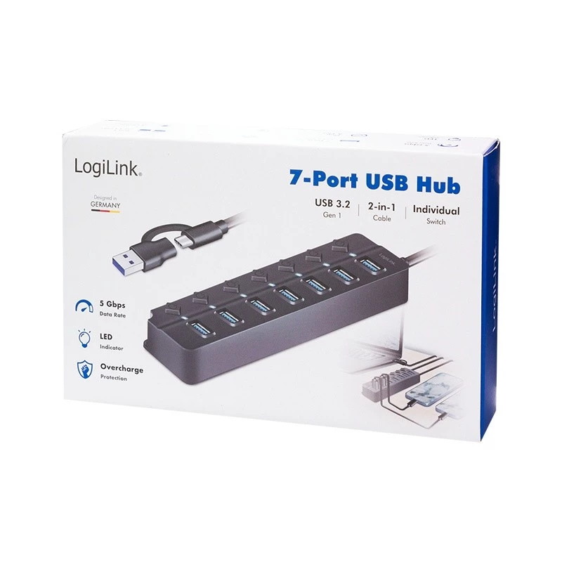Hub USB 3.2 Gen 1, 7 porte con interruttore on/off, nero