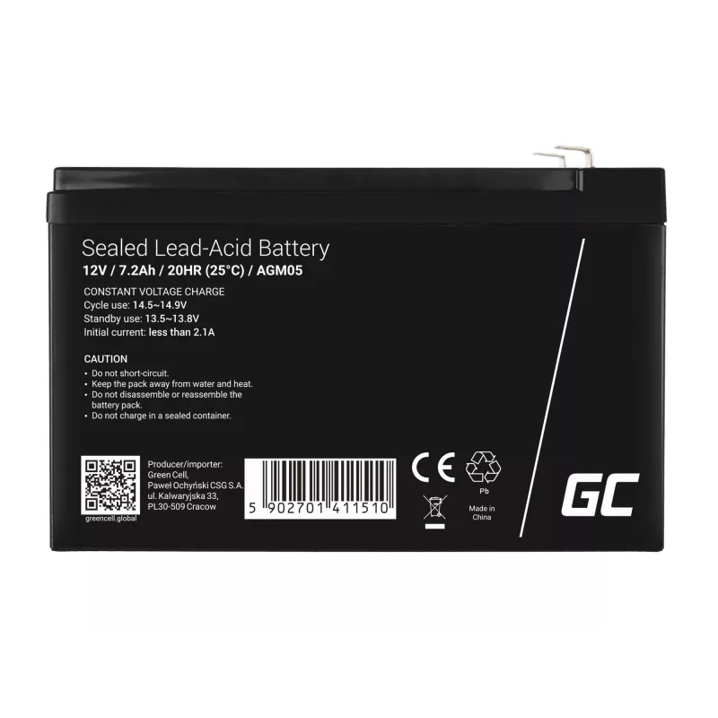 Batteria per UPS Green Cell AGM05 — 12 V 7,2 Ah piombo-AGM (VRLA), 95 mm H, 151×65 mm, 2,15 kg